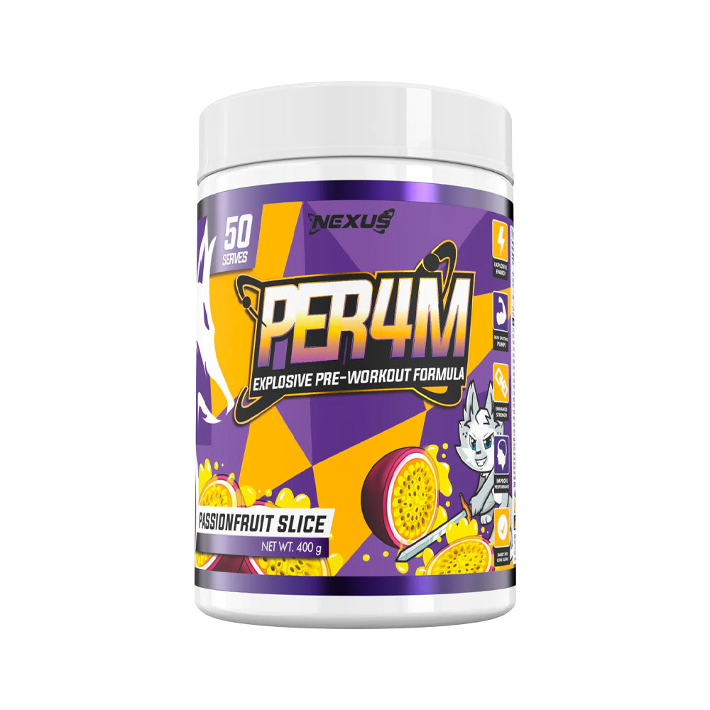 Per4m Pre Workout Stim, Pre-Allenamento 570g, Gusto Passion Fruit, Energia E Focus
